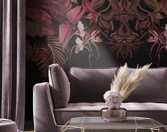 Carta da parati murale con foglie tropicali rosa e verdi: decorazione botanica per il soggiorno.