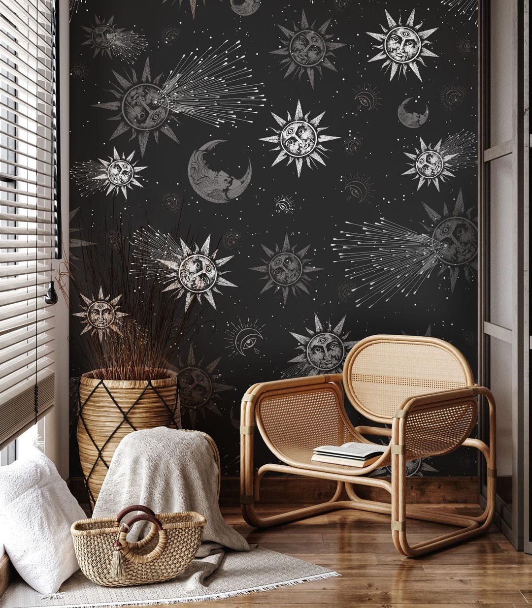 Cream Moon and Sun Wallpaper: Boho Celestial Wall Mural - Etsy