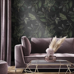 Olive Branch Green Wallpaper Mural – Elegant Botanical Olive Leaves on Sage Green, Custom Size for Living Room, Bedroom, or Office