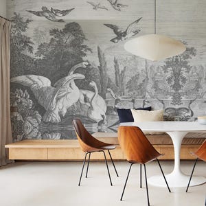 Black Swans Wallpaper Mural – Elegant Swan Illustration Wall Art, Custom-Size Nature-Inspired Mural for Living Room or Office