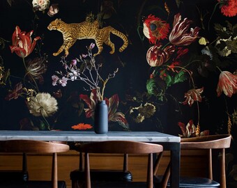 Dutch Floral Wallpaper Mural: Vintage Peonies Still Life, Moody Botanical Art