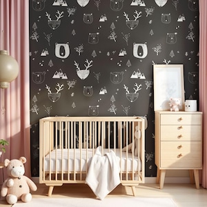 Teddy Bears Black Wallpaper Mural – Modern Nursery Wall Art in Black & White for Baby or Kids’ Room