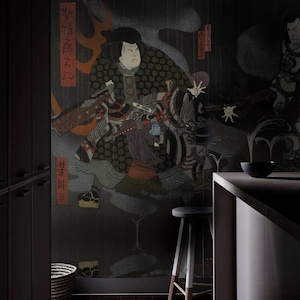 Midnight Warrior Wallpaper – Japanese Samurai Wall Mural | Dark Ink Painting | Zen, Japandi, Wabi-Sabi Decor for Office or Bedroom