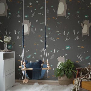 Underwater Bear Black Wallpaper Mural – Surreal Bear & Ocean Scene for Kids’ Room, Nursery, or Study