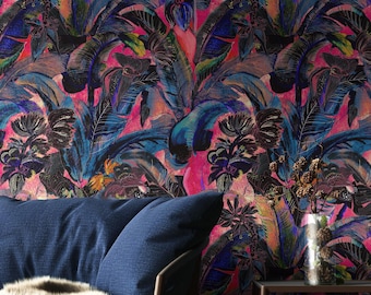 Tropical Palm Leaf Wallpaper Mural: Teal & Navy Peel and Stick