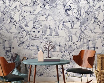 Mural de papel pintado con animales del bosque: Decoración infantil con temática de bosque y un toque de fantasía.