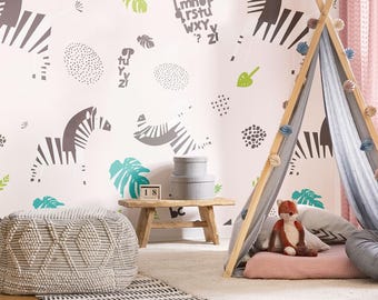 Zebra White Wallpaper Mural – Playful Safari Stripes for Nursery, Kids’ Room, or Accent Wall