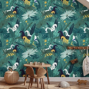 Dream Horses Turquoise Wallpaper Mural – Serene Horse Silhouette Wall Art for Living Room, Bedroom, or Nursery