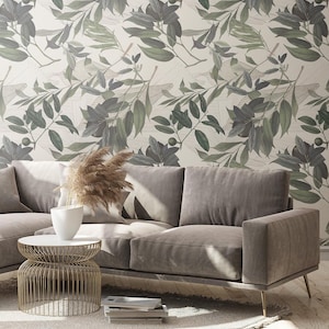 Olive Branch White Wallpaper Mural – Elegant Botanical Olive Leaf Wall Art, Custom Size for Living Room, Bedroom, or Kitchen
