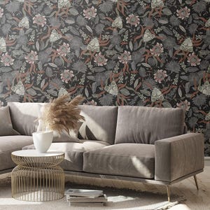Moth Wallpaper Mural – Vintage-Inspired Moths & Butterflies on Dark Botanical, Custom Size Peel and Stick or Vinyl