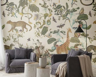 Behangmuurschildering speelse jungledieren: kinderkamer, speelkamerdecoratie