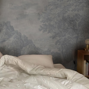 Blue Forest Wallpaper – Misty Tree Wall Mural, Ethereal Woodland Peel and Stick Wallpaper, Foggy Nature Decor for Bedroom or Living Room