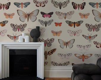 Butterfly Wallpaper Mural: Soft Beige, Colorful Butterflies - Nursery, Bedroom
