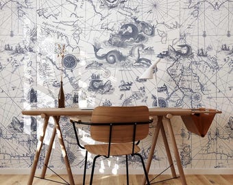 Vintage Ocean Map Wallpaper Mural: Nautical Wall Art