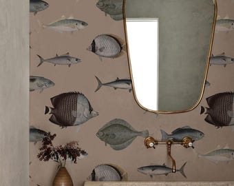 Vintage Green Under the Sea Wallpaper Mural: Nautical Bathroom Wall Art