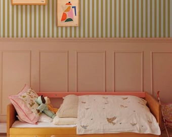 Mural de papel pintado con rayas mostaza: rayas verticales amarillas cálidas, autoadhesivo o no tejido