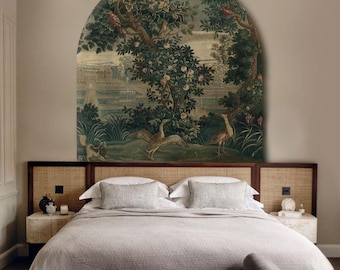 Vintage Garden Tapestry Wallpaper Mural: Arched Peel & Stick Wall Art
