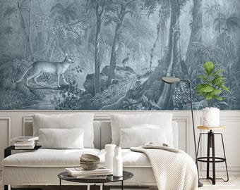 Jungle Cat Wallpaper Mural: Tropical Blue Foliage, Custom Size