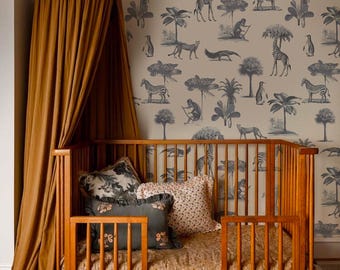 May include: A wooden crib with a canopy and decorative pillows. The crib is filled with a patterned comforter. The background features wallpaper with a safari animal print. The canopy and curtains are a mustard yellow color.