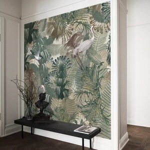 Desert Tropics Light Green Wallpaper Mural – Soft Jungle Leaves & Birds in Pastel Green, Custom Size for Living Room, Bedroom
