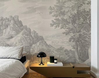 Ethereal Forest Wallpaper Mural: Beige Misty Woodland, Japandi Peel and Stick