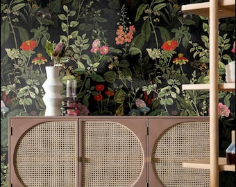 Dark Meadow Wallpaper Mural: Moody Floral, Vintage Botanical Decor