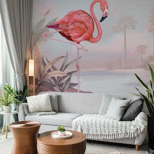 Crimson Flamingo Pink Wallpaper Mural – Tropical Bird Wall Art for Living Room, Bold Flamingo Wall Decor for Living room