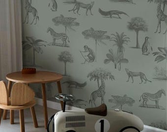 May include: A child's room with safari-themed wallpaper featuring giraffes, zebras, and monkeys. A cream-colored toy car with the number 1 sits on a rug. A small wooden table and chair are in the foreground.