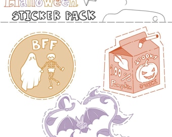 Może przedstawiać: Zestaw naklejek na Halloween z różnymi wzorami. Zawiera naklejkę z napisem "BFF" i ilustracjami ducha i szkieletu, karton soku z dynią i nietoperza z winoroślą. U góry widnieje napis "Halloween Sticker Pack".