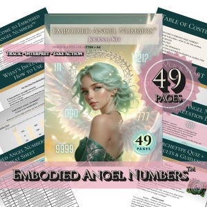 May include: A journal kit titled "Embodied Angel Numbers" with a portrait of a woman with angel wings and teal hair. The kit includes worksheets, interpretation prompts, and a quick start guide. The journal has 49 pages and is available in US Letter and A4 sizes.