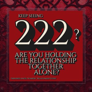 以下が含まれることがあります： 赤色の背景に「KEEP SEEING 222? ARE YOU HOLDING THE RELATIONSHIP TOGETHER ALONE?」というテキストが白と黒で書かれた正方形のグラフィック。下部には「EMBODIED ANGEL NUMBERS RELATIONSHIP GUIDE」というテキストがあります。