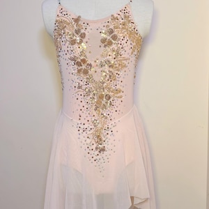 May include: Pale pink figure skating dress with a sheer skirt and embellished bodice. The bodice is adorned with gold sequins and beadwork in a floral pattern. A matching headpiece is also included.