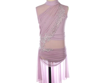 May include: A lavender dance costume featuring a high mock neck, sheer mesh panels, and diagonal ruching across the bodice. The garment is embellished with silver sequins and intricate floral-shaped crystal appliqués, with a sheer skirt overlay.