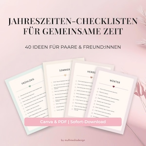 Könnte beinhalten: Ein digitaler Download mit vier saisonalen Checklisten für Paare und Freunde. Die Checklisten tragen die Titel Frühling, Sommer, Herbst und Winter. Das Bild hat einen zartrosa Hintergrund mit Text auf Deutsch.