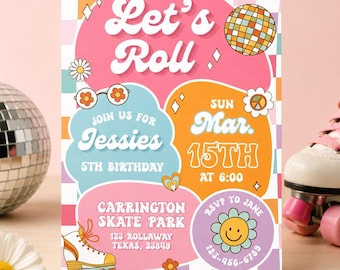 Let's Roll verjaardagsuitnodiging, rolschaats verjaardagsuitnodiging, uitnodiging voor retro skate feest, groovy verjaardagsuitnodiging, bewerkbare canva-sjabloon