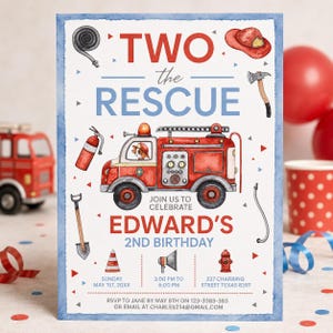 Invito di compleanno a tema "Two The Rescue", invito per la festa di compleanno a tema camion dei pompieri, invito di compleanno a tema pompiere, set di modelli Canva modificabili