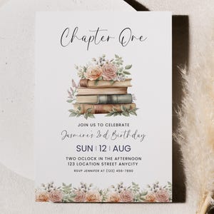 Chapter One Birthday Invitation • Floral Book Theme (Editable Canva Template)