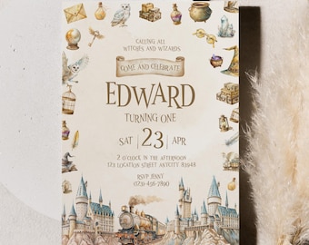 Eerste verjaardagsuitnodiging tovenaar, Enchanted Storybook-feestuitnodiging (bewerkbare canva-sjabloon)
