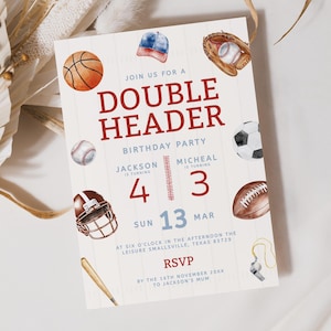 Double Header Sports Birthday Invitation, Joint Boys Party Invite (Digital Download)