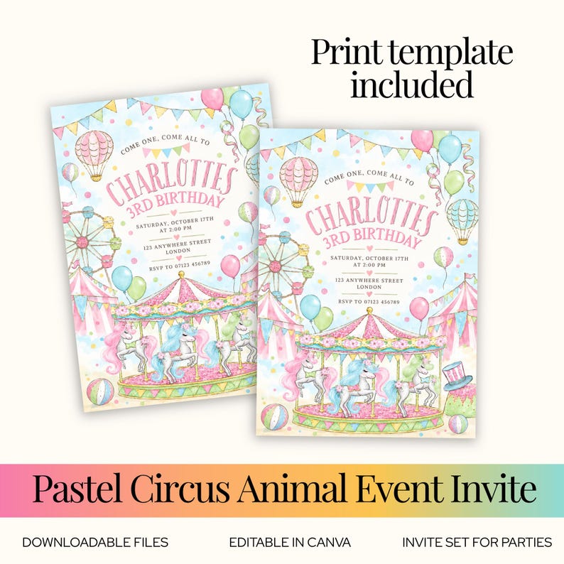 Pink Merry Go Round Carousel Birthday Invitation, Pastel Carnival Party Invite, Pink Merry ...