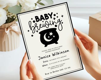 Baby brouwen babyshower uitnodiging, Halloween babyshower uitnodigen, spooky babyshower, heks babyshower thema, bewerkbare canva sjabloon
