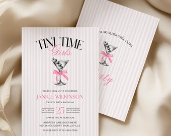Tini Time Girls verjaardagsuitnodiging, roze martini verjaardagsuitnodiging, coquette verjaardagsfeestje, cocktail verjaardag, bewerkbare canva-sjabloon