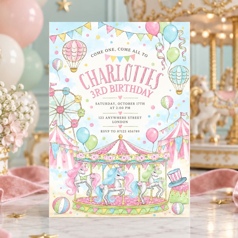 Pink Merry Go Round Carousel Birthday Invitation, Pastel Carnival Party Invite, Pink Merry ...