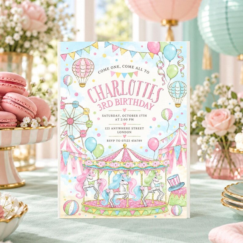 Pink Merry Go Round Carousel Birthday Invitation, Pastel Carnival Party Invite, Pink Merry ...