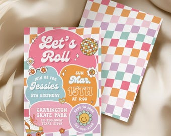 Let's Roll Birthday Invitation, Roller Skate Birthday Invite, Retro Skate Party Invitation, Groovy Birthday Invite, Editable Canva Template