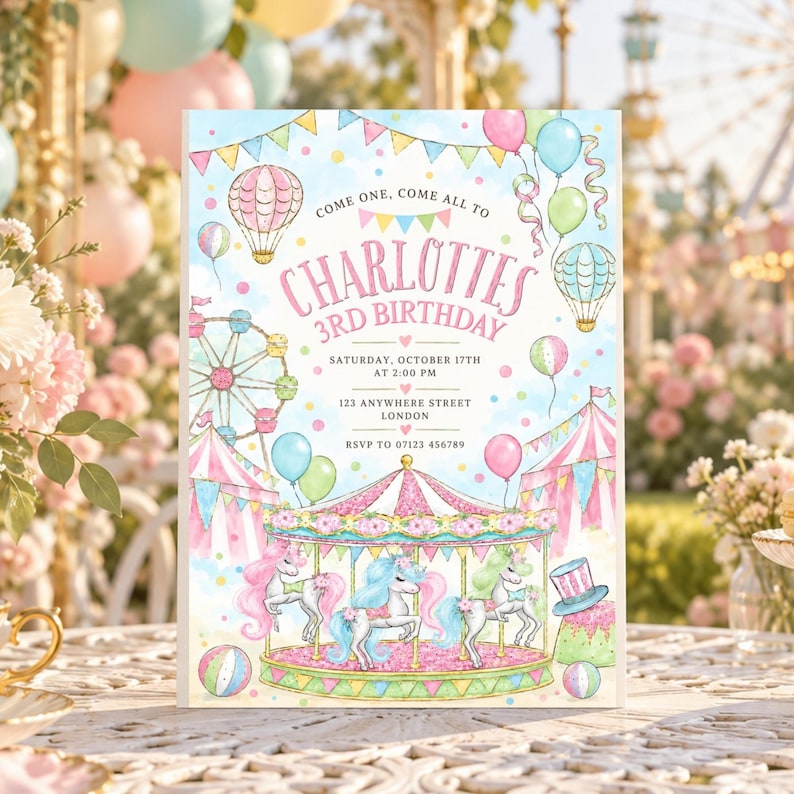 Pink Merry Go Round Carousel Birthday Invitation, Pastel Carnival Party Invite, Pink Merry ...
