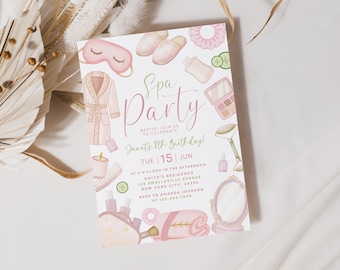 Uitnodiging voor spa-feestje, meisjes spa verjaardag uitnodigen, uitnodiging voor sleepover feest, bewerkbare Canva Glam Party, verwen feest verjaardagsuitnodiging
