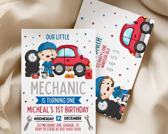 Sjabloon monteur verjaardagsuitnodiging Kleine monteur verjaardagsuitnodiging auto's verjaardagsuitnodiging | Uitnodiging autoreparatiefeest eerste verjaardag