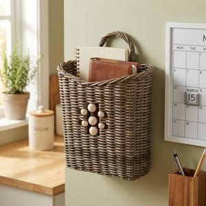 May include: A wall-mounted grey wicker basket with a curved handle and a decorative vertical row of light-coloured wooden beads on the front. The basket contains a spiral-bound notebook and a brown leather-covered journal.
