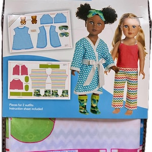 May include: A Simplicity pattern for 18-inch doll clothes to cut and sew. The package shows two dolls wearing outfits made from the pattern. One doll wears a blue polka dot robe and the other wears a red top and striped pants. Includes pieces for two outfits.
